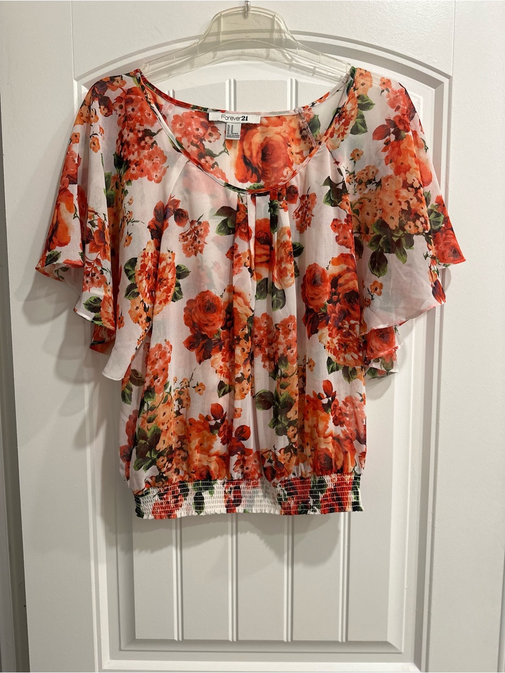 Forever 21 White Blouse with Orange Floral Print and Green Leaves